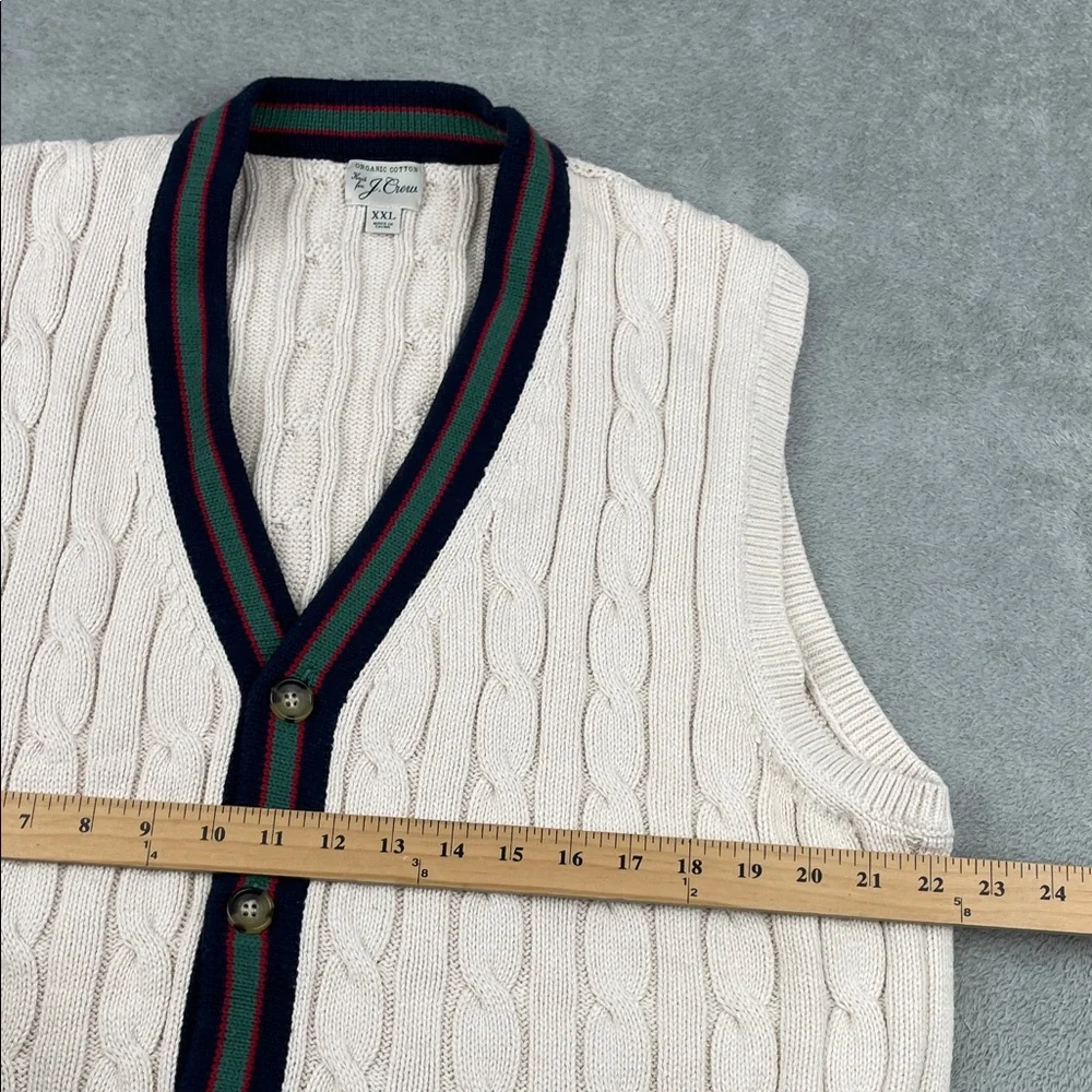 J.‎ Crew XXL 100% Organic Cotton Ivory Cable Knit Vest with Navy and Red Trim